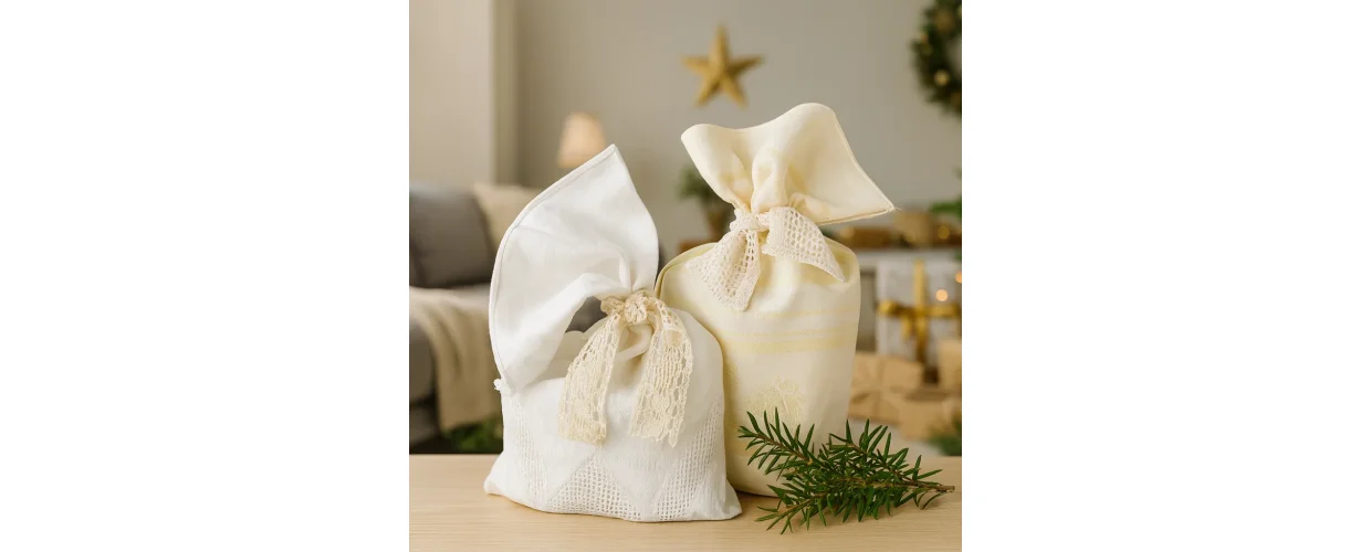 B&aelig;redygtig gaveindpakning i damaskpose