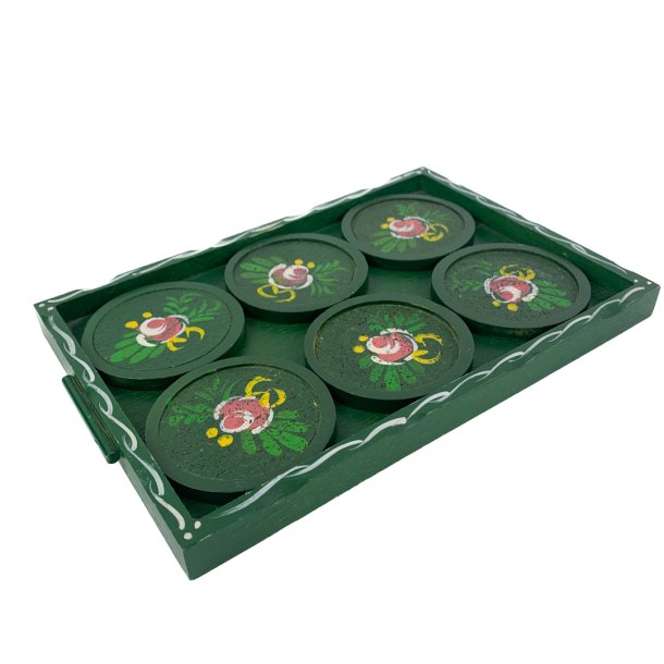 Grnes Retro Tablett mit sechs Glasuntersetzern