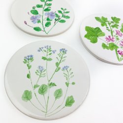 Sechs Vintage Frhstcksuntersetzer mit Pflanzen