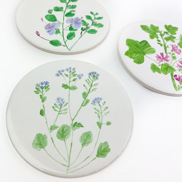 Sechs Vintage Frhstcksuntersetzer mit Pflanzen
