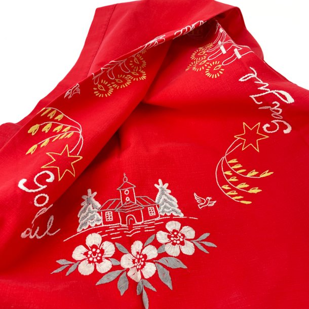 Broderet rd vintage juledug  100 cm