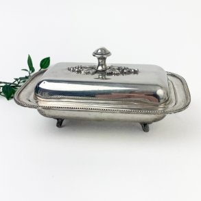 Vintage Butterdose aus versilbertem Metall mit Glaseinsatz