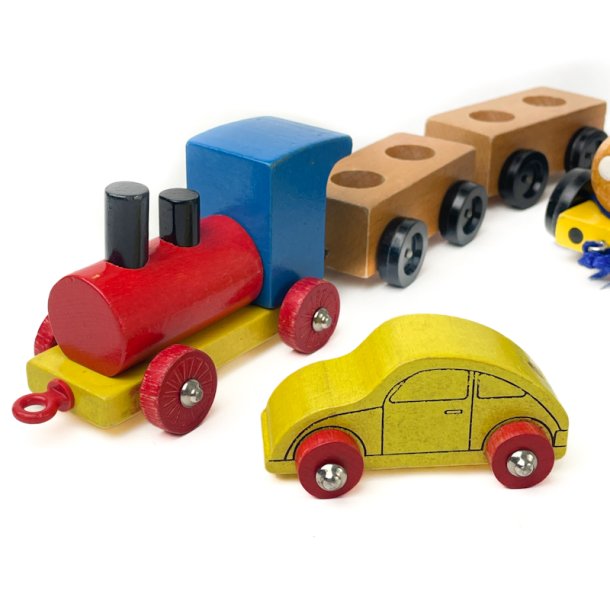Farverige vintage tr�tog og biler
