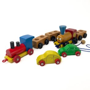 Farverige vintage tr�tog og biler