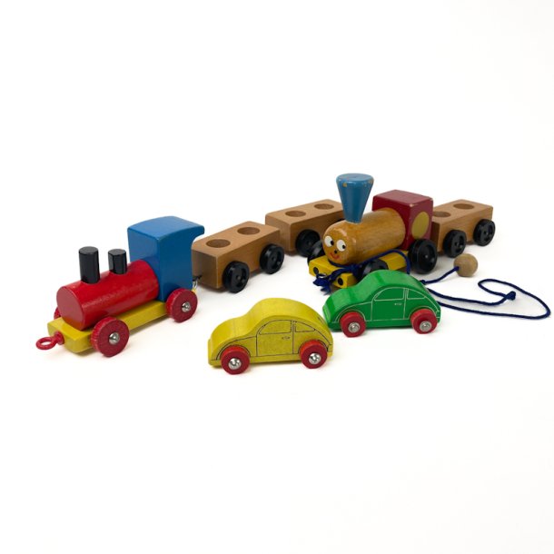 Farverige vintage tr�tog og biler