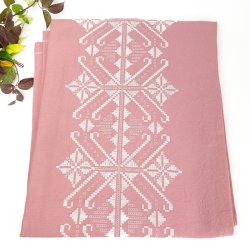 Rosa Retro-Tischdecke mit weier Hardanger-Stickerei  200 cm