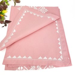 Rosa Retro-Tischdecke mit weier Hardanger-Stickerei  200 cm