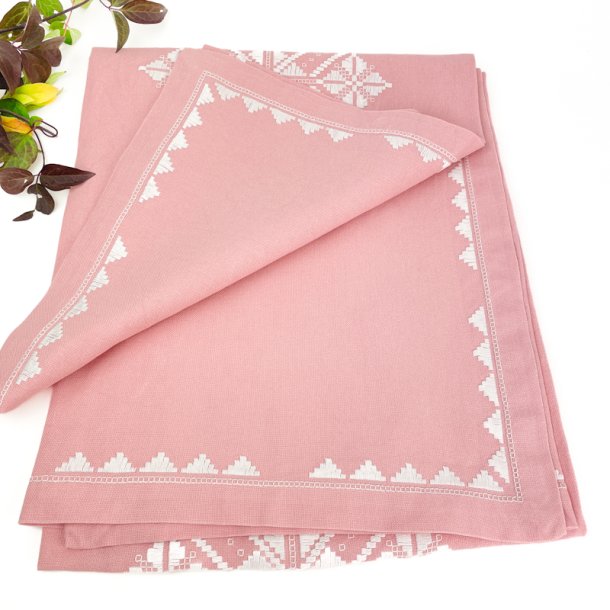 Rosa Retro-Tischdecke mit weier Hardanger-Stickerei  200 cm