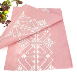 Rosa Retro-Tischdecke mit weier Hardanger-Stickerei  200 cm