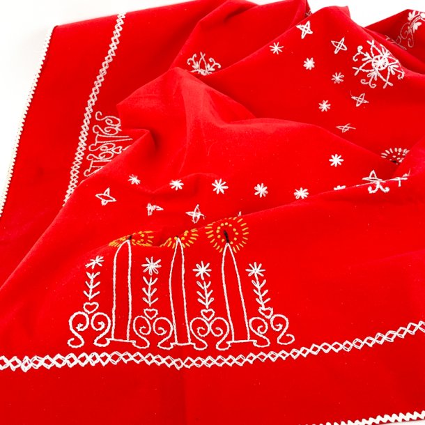 Rd vintage dug med broderede lys - 100x100 cm