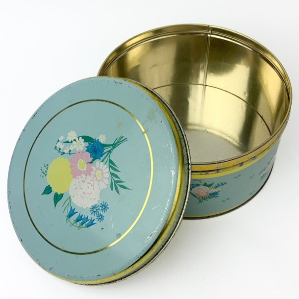 Hellblaue Vintage-Gebckdose mit Blumen