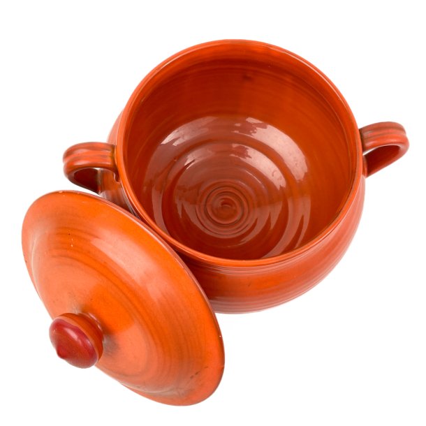 Orange handgedrehte Keramikschssel mit Deckel  C. Lundby