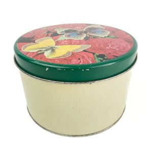 Vintage Keksdose mit Schmetterlingen und Rosen