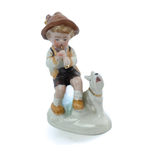 Vintage porcelnsfigur dreng med fljte og hund