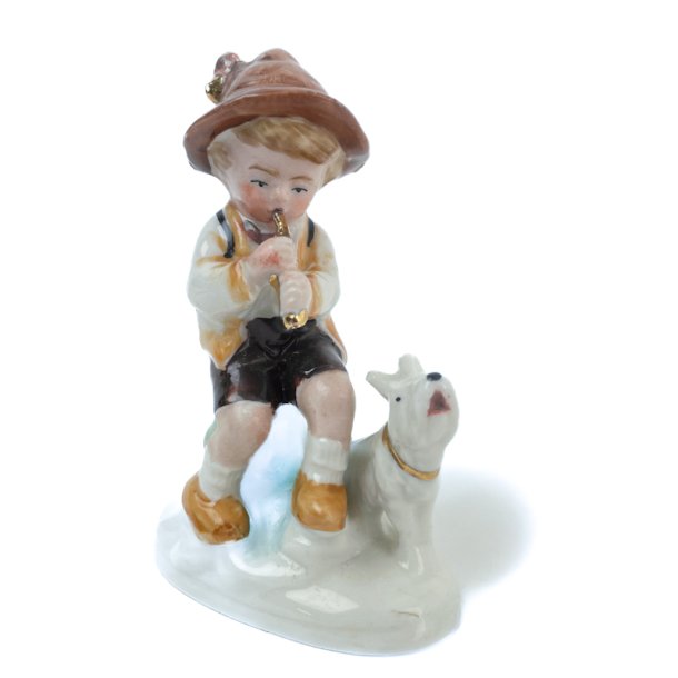Vintage porcelnsfigur dreng med fljte og hund