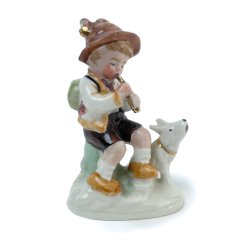 Vintage porcelnsfigur dreng med fljte og hund