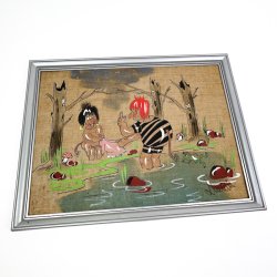 Humoristisk vintage maleri p� hessian