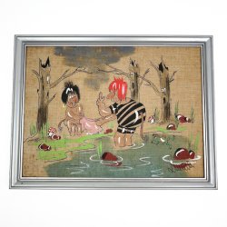 Humoristisk vintage maleri p� hessian
