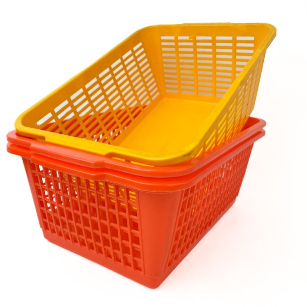 Drei Retro-Aufbewahrungskrbe in Orange und Gelb