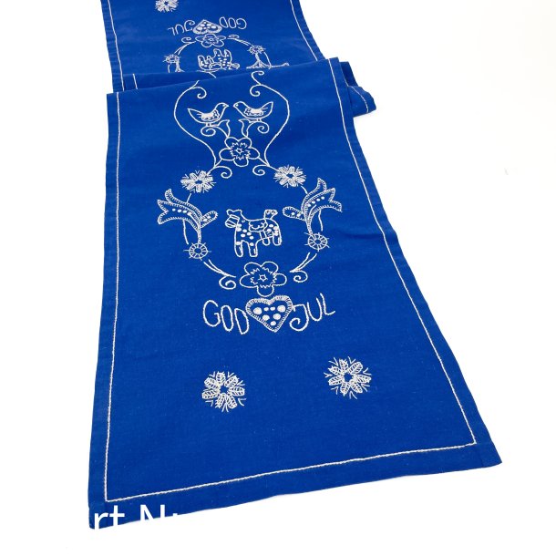 Broderet bl� vintage julebordl�ber 120 cm