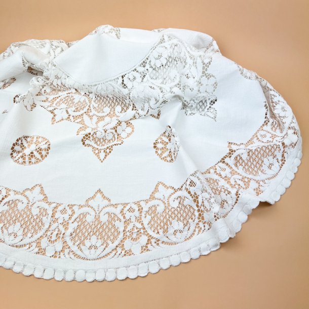 Rund hvid vintage blondedug � 140 cm