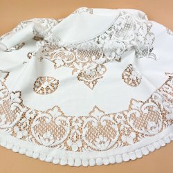 Rund hvid vintage blondedug � 140 cm