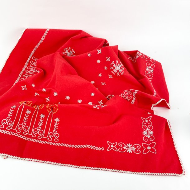 Rd vintage dug med broderede lys - 100x100 cm