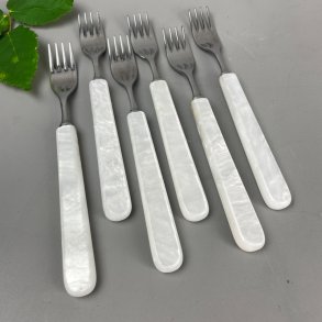 Seks vintage middags gafler med perlemorsskaft