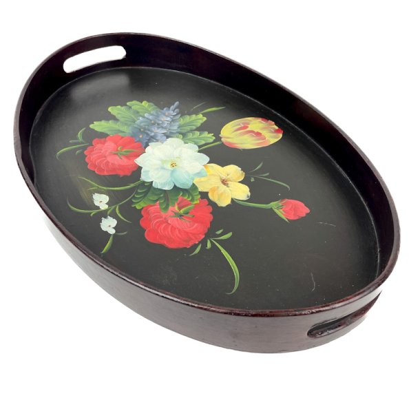 Ovales Retro-Tablett mit handgemalten Blumen 