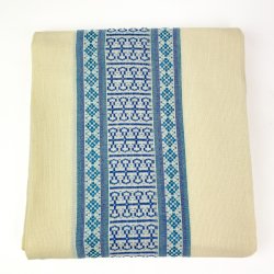 Groe Retro-Tischdecke in Rohwei mit trkisblauer Bordre  210 cm