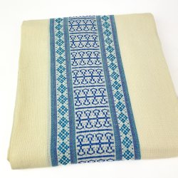 Groe Retro-Tischdecke in Rohwei mit trkisblauer Bordre  210 cm