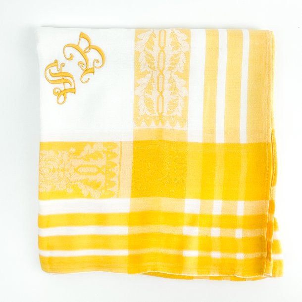 Gul og hvid vintage damaskdug  120 x 120 cm