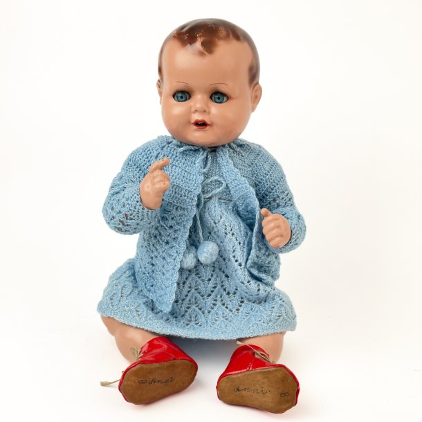 Vintage Puppe mit blauem Strick  48 cm