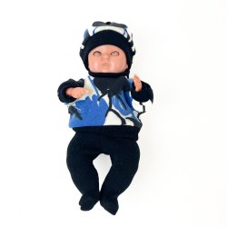 Kleine Retro Puppe mit blauer Kleidung