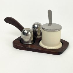 Retro Salz-, Pfeffer- und Senfset aus Palisanderholz