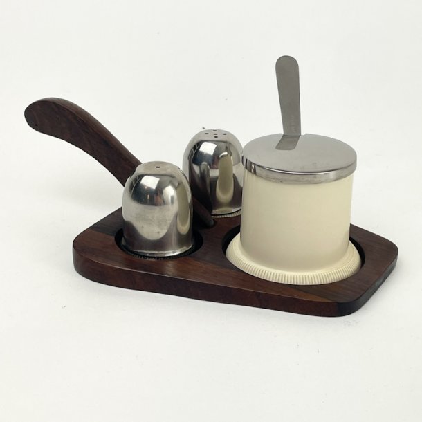 Retro Salz-, Pfeffer- und Senfset aus Palisanderholz