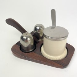 Retro Salz-, Pfeffer- und Senfset aus Palisanderholz