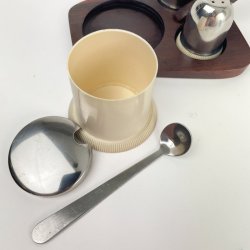 Retro Salz-, Pfeffer- und Senfset aus Palisanderholz