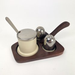 Retro Salz-, Pfeffer- und Senfset aus Palisanderholz