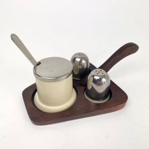 Retro Salz-, Pfeffer- und Senfset aus Palisanderholz