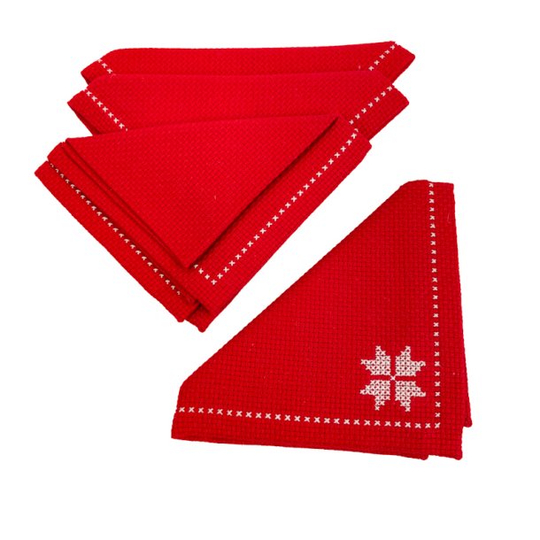 Fire r�de broderede retro mundservietter