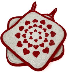 Zwei Retro-Topflappen mit roten Herzen  17 cm