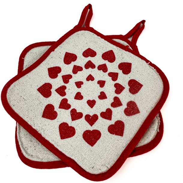 Zwei Retro-Topflappen mit roten Herzen  17 cm