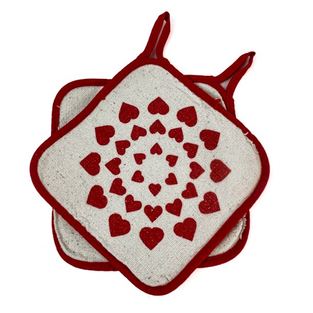Zwei Retro-Topflappen mit roten Herzen  17 cm