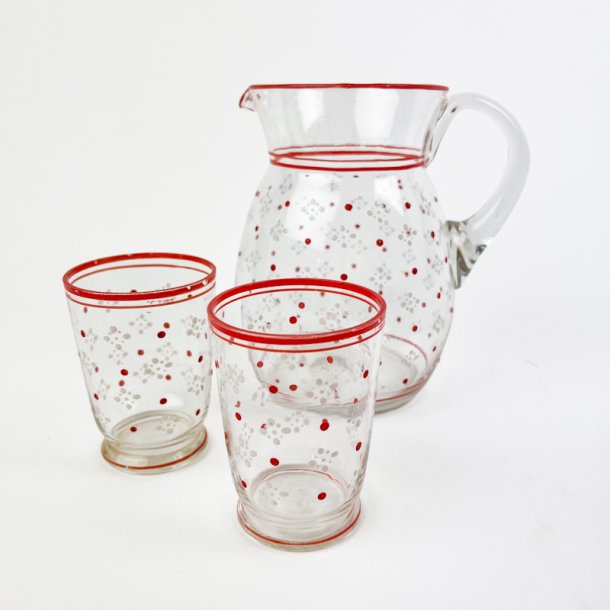 To emaljemalede vintage glas med kande