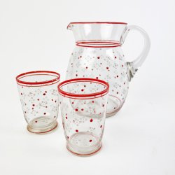 To emaljemalede vintage glas med kande
