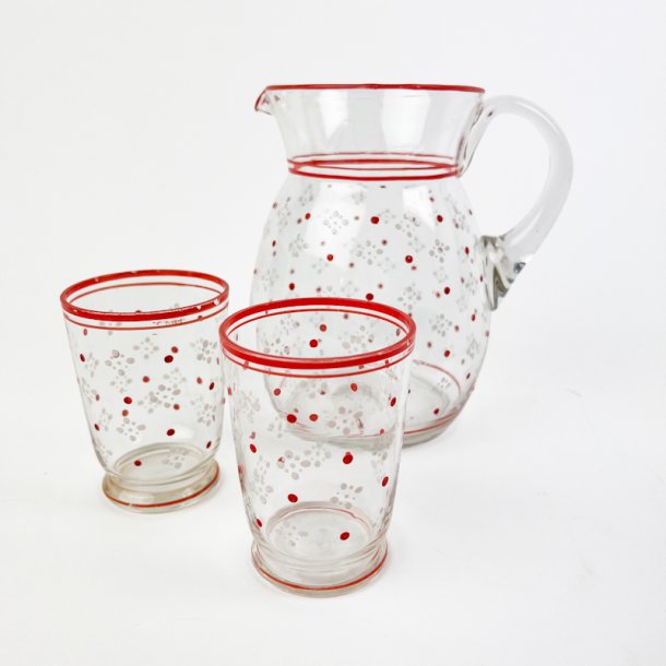 To emaljemalede vintage glas med kande