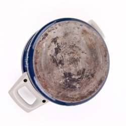 Bl� retro emaljegryde med �blemotiv