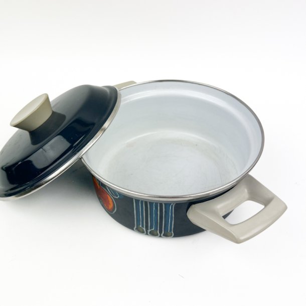 Bl� retro emaljegryde med �blemotiv