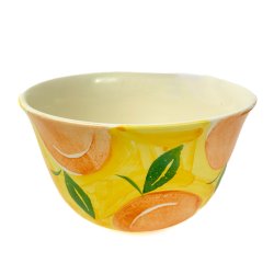 Gelbe Servierschale mit Fruchtmotiv